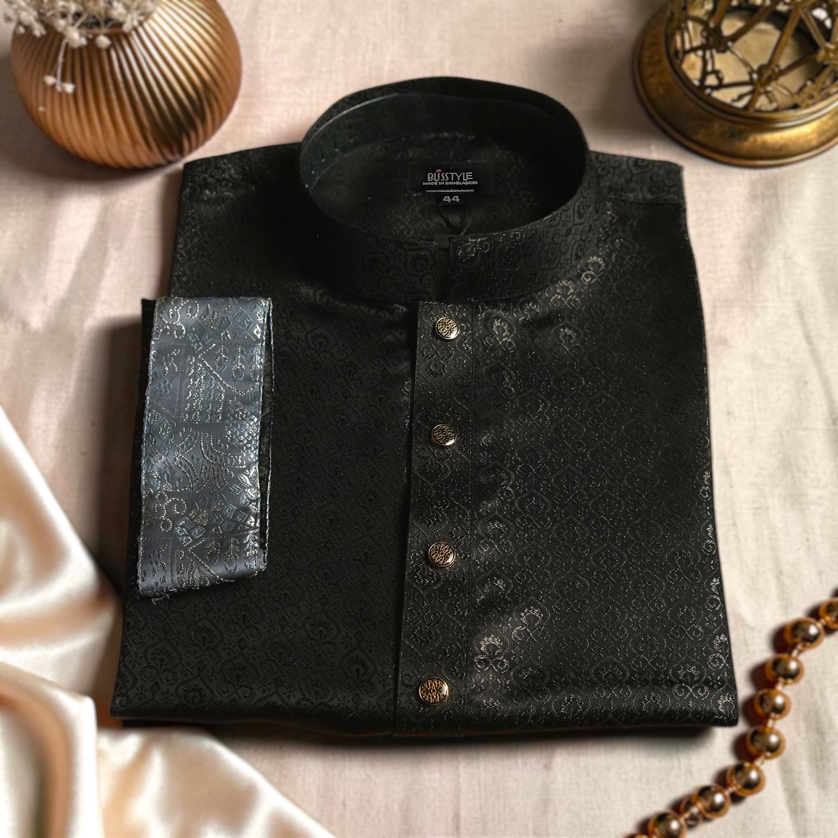 Black Panjabi with Ash Contrast-4 Midnight Elegance - Black Panjabi with Ash Contrast - Image 4