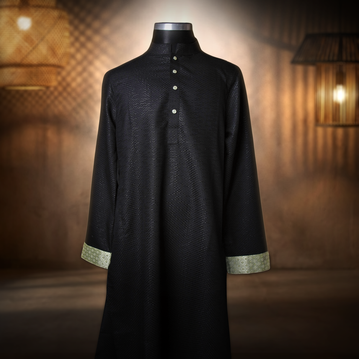 Black Textured Panjabi with Emerald Contrast-2 Black Ember - Black Textured Panjabi with Emerald Contrast - Image 3