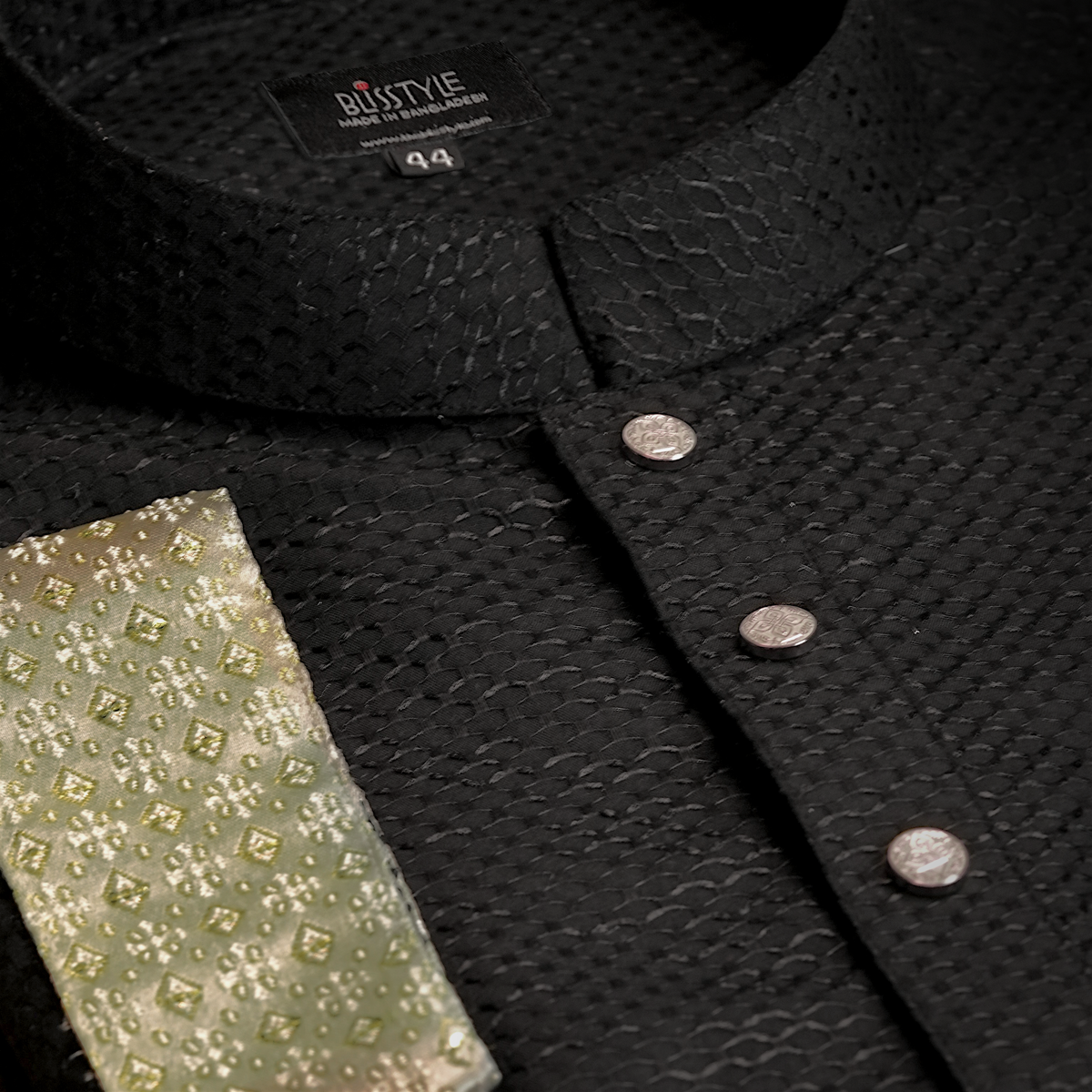 Black Textured Panjabi with Emerald Contrast-3 Black Ember - Black Textured Panjabi with Emerald Contrast - Image 2