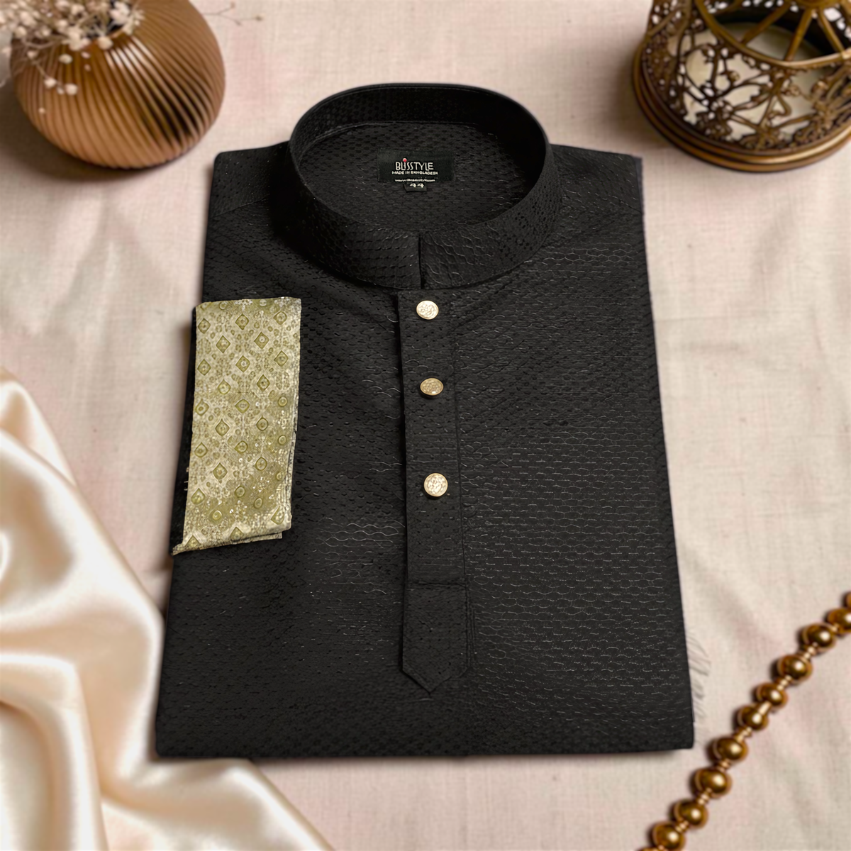Black Textured Panjabi with Emerald Contrast-4 Black Ember - Black Textured Panjabi with Emerald Contrast - Image 4