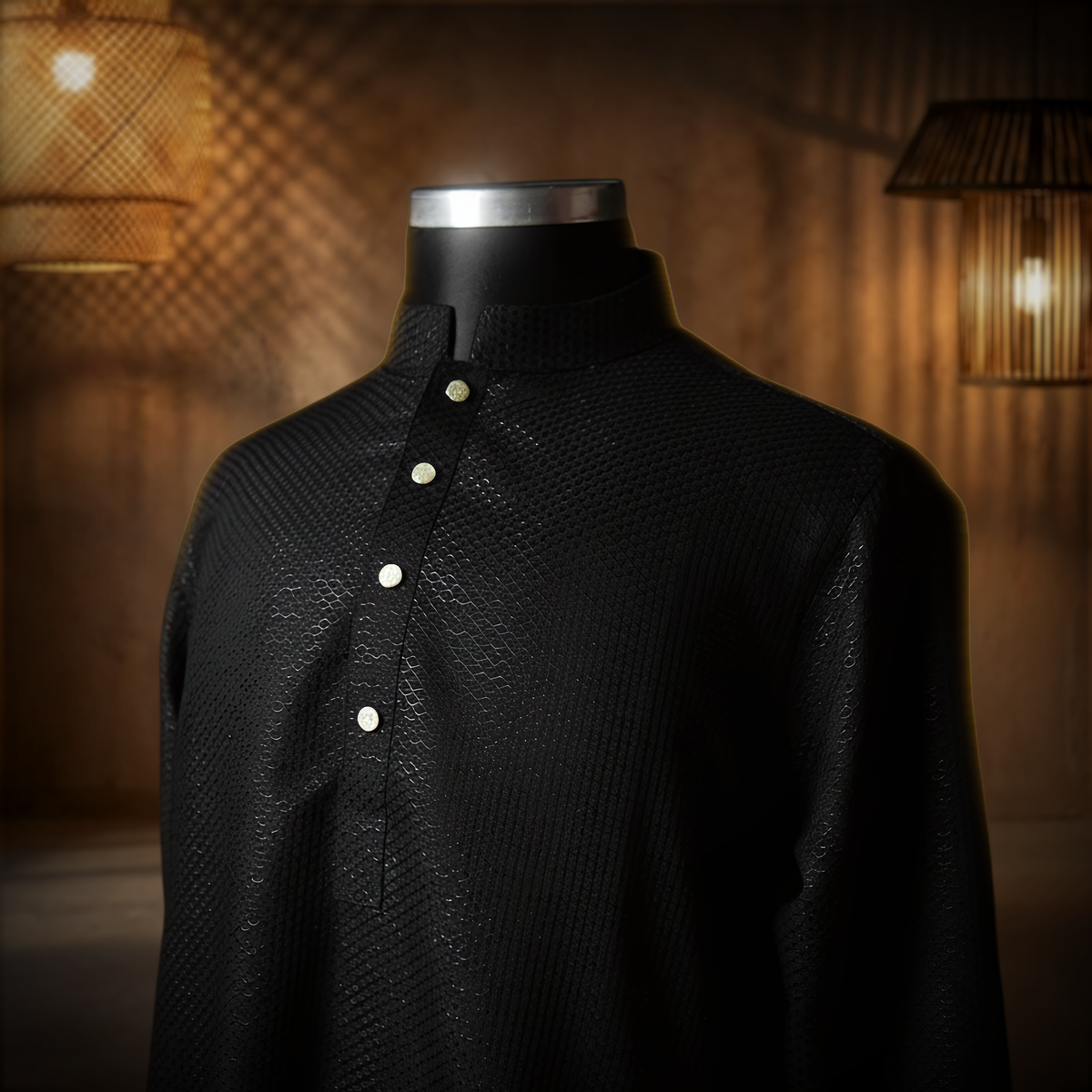Black Textured Panjabi with Emerald Contrast blank