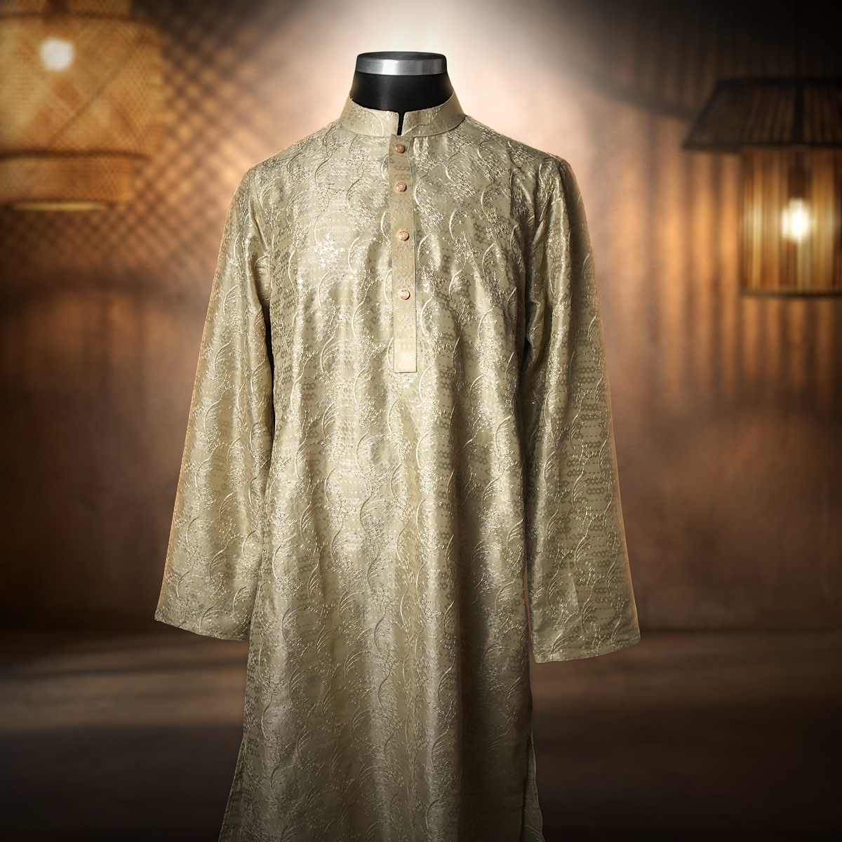 Creamy Off-White Panjabi with Contrast-2 Desert Sultan - Gold Textured Panjabi - Image 3