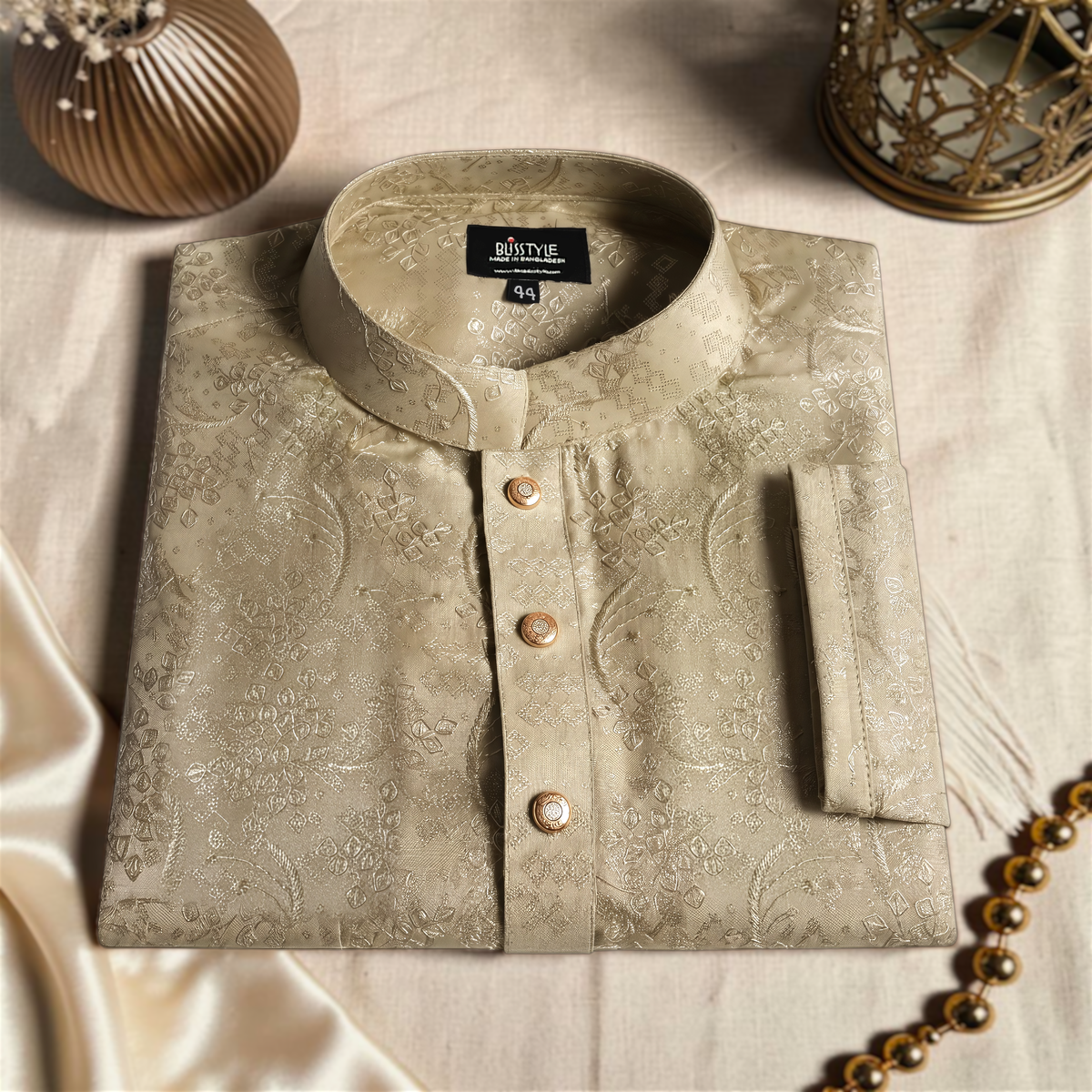 Creamy Off-White Panjabi with Contrast-4 Desert Sultan - Gold Textured Panjabi - Image 4