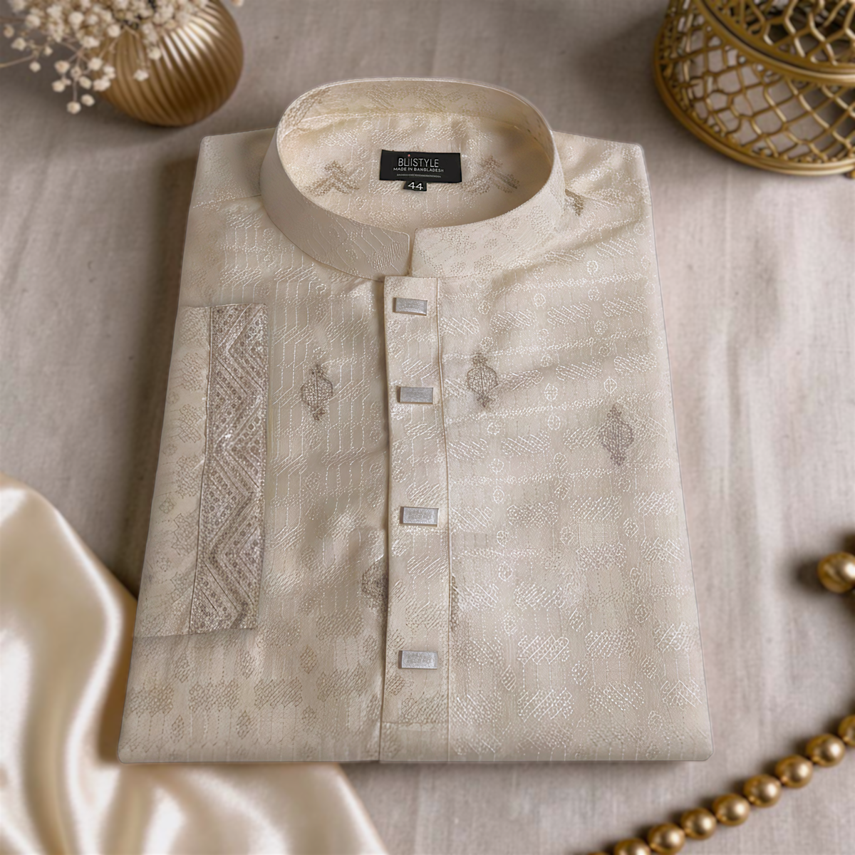 Creamy Off-White emroidery Panjabi with Contrast-4 Moonlight - Creamy Off-White Panjabi with Contrast - Image 4