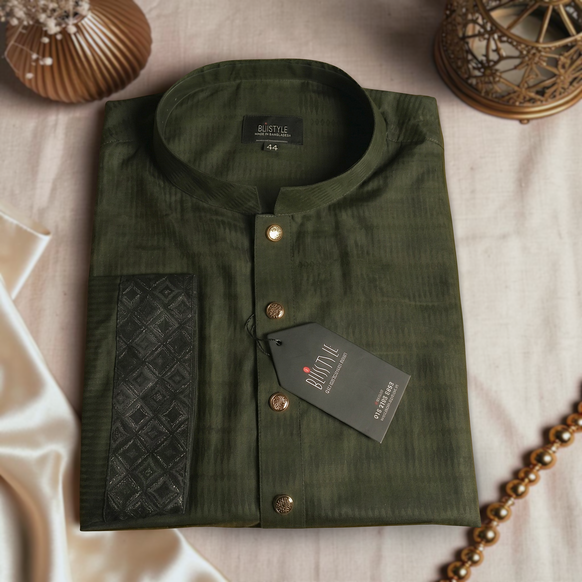 Green Panjabi with Black Contrast-4 Shadow Olive - Green Panjabi with Black Contrast - Image 4
