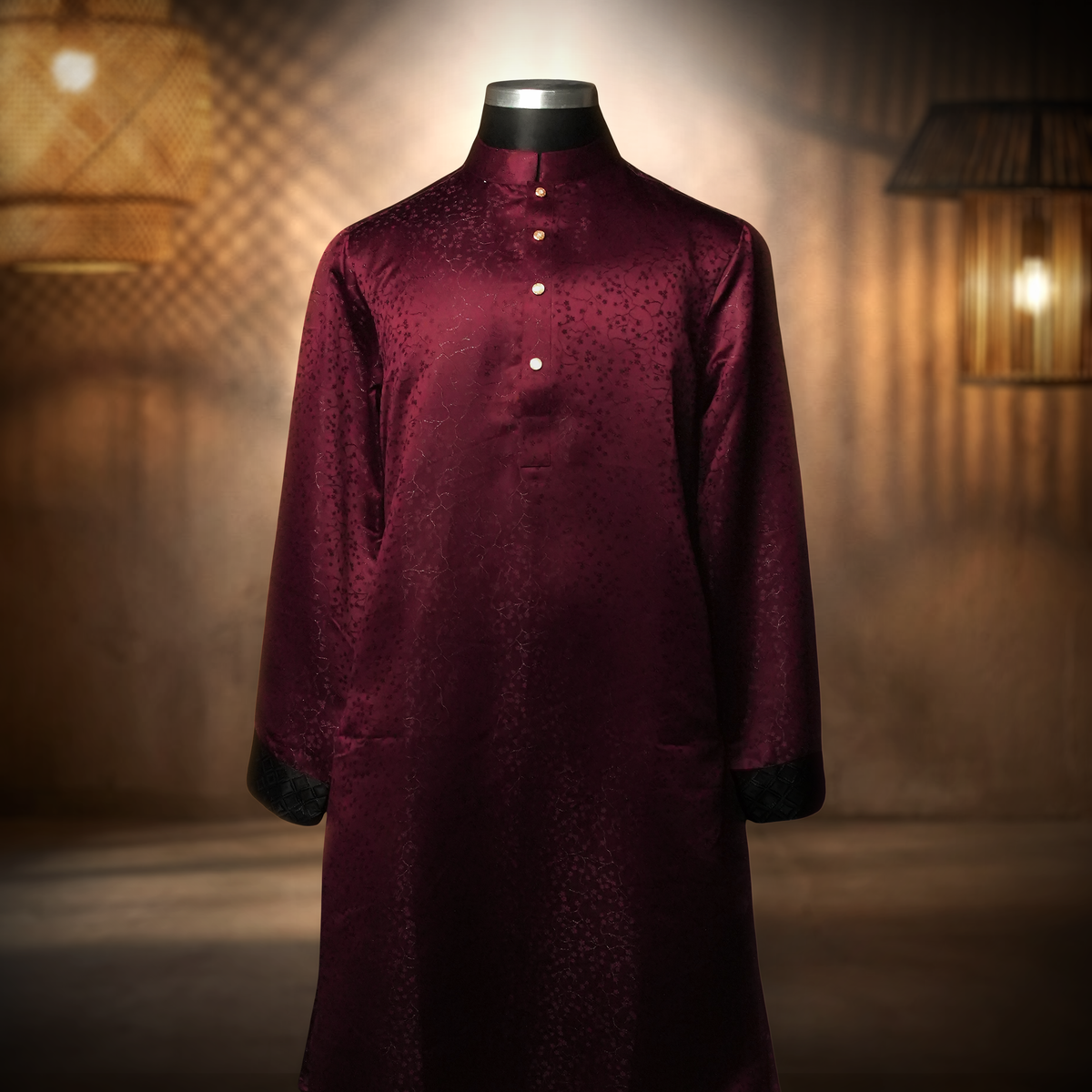 Maroon Panjabi with Black Contrast-2 Velvet Wine - Maroon Panjabi with Black Contrast - Image 3