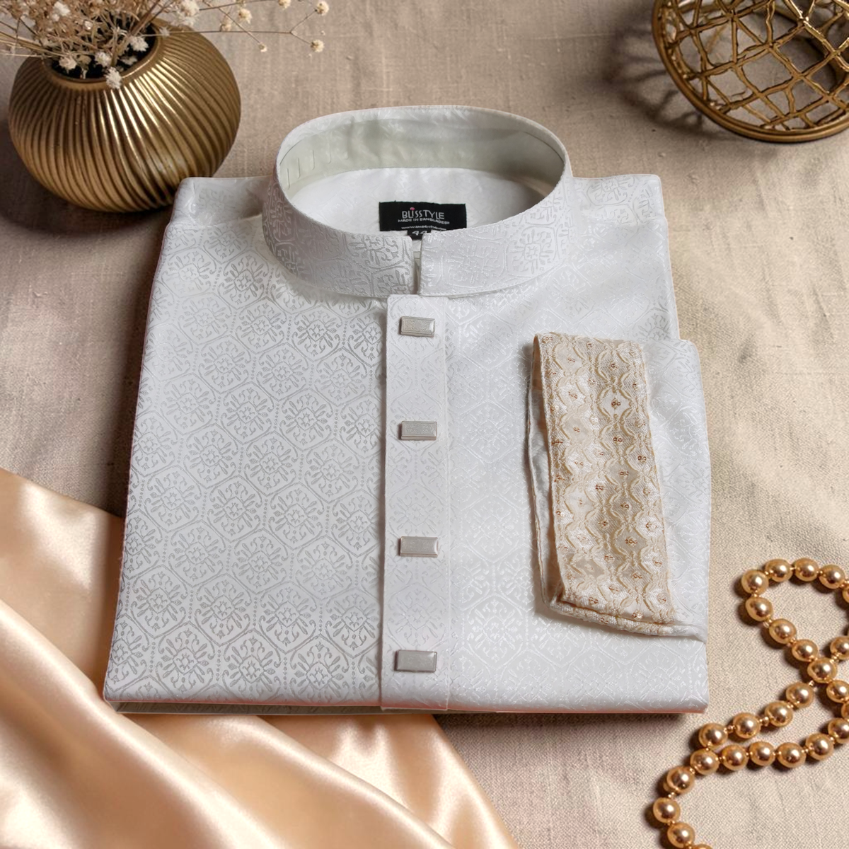 Royal White Panjabi with Gold Contrast-4 Pearl Noor - Royal White Panjabi with Gold Contrast - Image 4